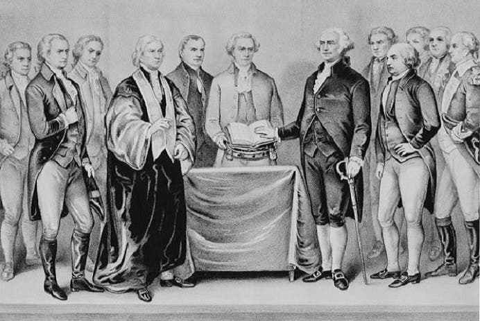 جورج واشنطن كان في 30 أبريل 1789 أول رئيس أميركي يقيمون له مراسم قسم لليمين وحفل تنصيب