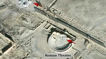 This satellite image released by the American Schools of Oriental Research (ASOR) on Friday, Jan. 20, 2017 as captured by DigitalGlobe shows the Roman theater at the UNESCO World Heritage Site of Palmyra, Syria with red denoting area of new damages on Jan. 10, 2017. (AP)