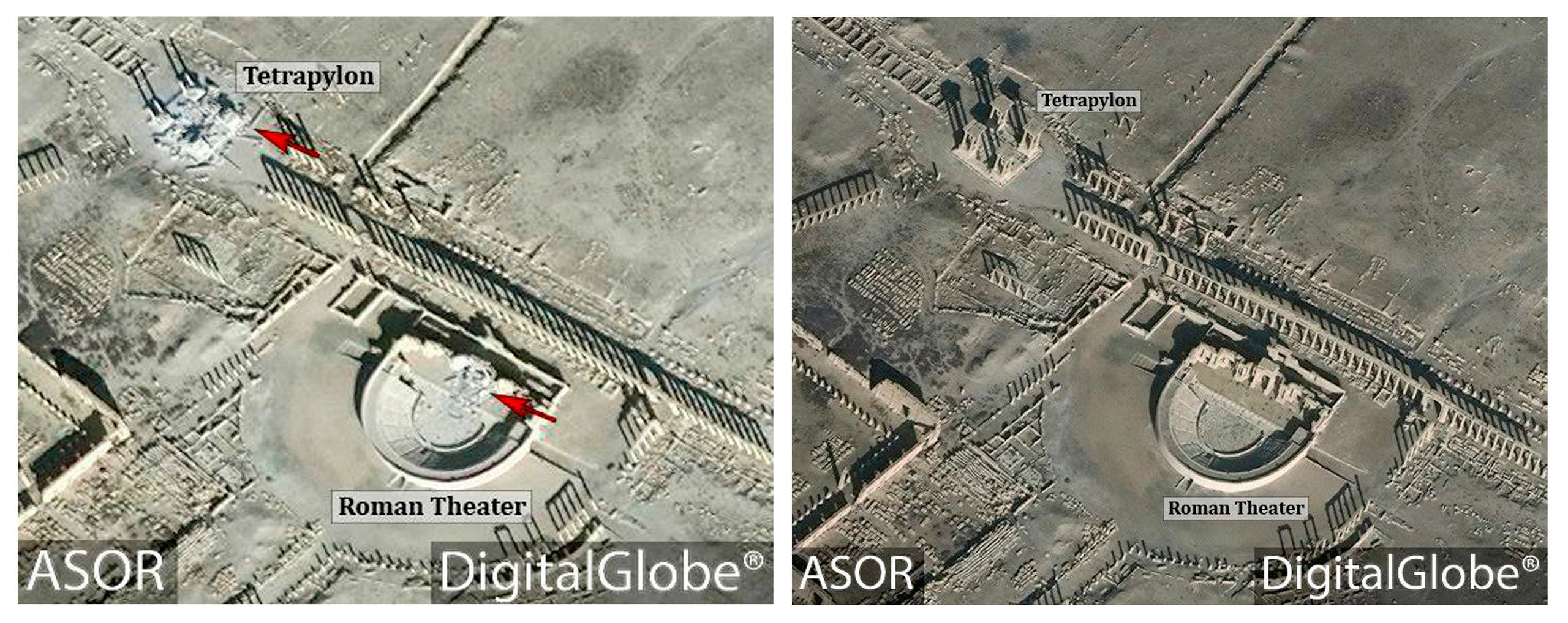 This combination of satellite images released by the American Schools of Oriental Research (ASOR) on Friday, Jan. 20, 2017 as captured by DigitalGlobe shows the Roman theater at the UNESCO World Heritage Site of Palmyra, Syria on Jan. 10, 2017 with new damages indicated in red, left, and the site on Dec. 26, 2016, right. (AP)