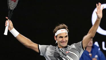 Switzerland's Roger Federer celebrates after defeating Germany's Mischa Zverev during their quarterfinal at the Australian Open tennis championships in Melbourne, Australia, Tuesday, Jan. 24, 2017. (AP)