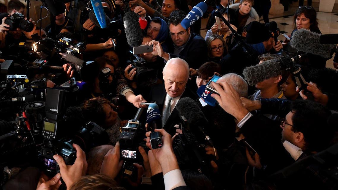 UN envoy for Syria Staffan de Mistura speaks to the media during the second day of Syria peace talks at Astana's Rixos President Hotel on January 24, 2017.  Kirill KUDRYAVTSEV / AFP