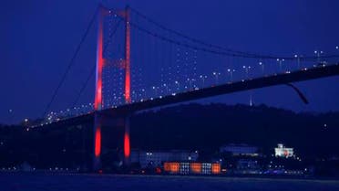 The newly renamed 15 of July Martyrs bridge, renamed following the failed coup, is seen illuminated spanning the Bosphorus sea, in Istanbul, on Tuesday, Aug. 2, 2016. (AP)