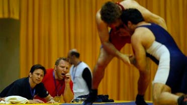 A  file picture of US-Iranian wrestling match in progress during Iran’s Takhti Wrestling Cup. (AP)