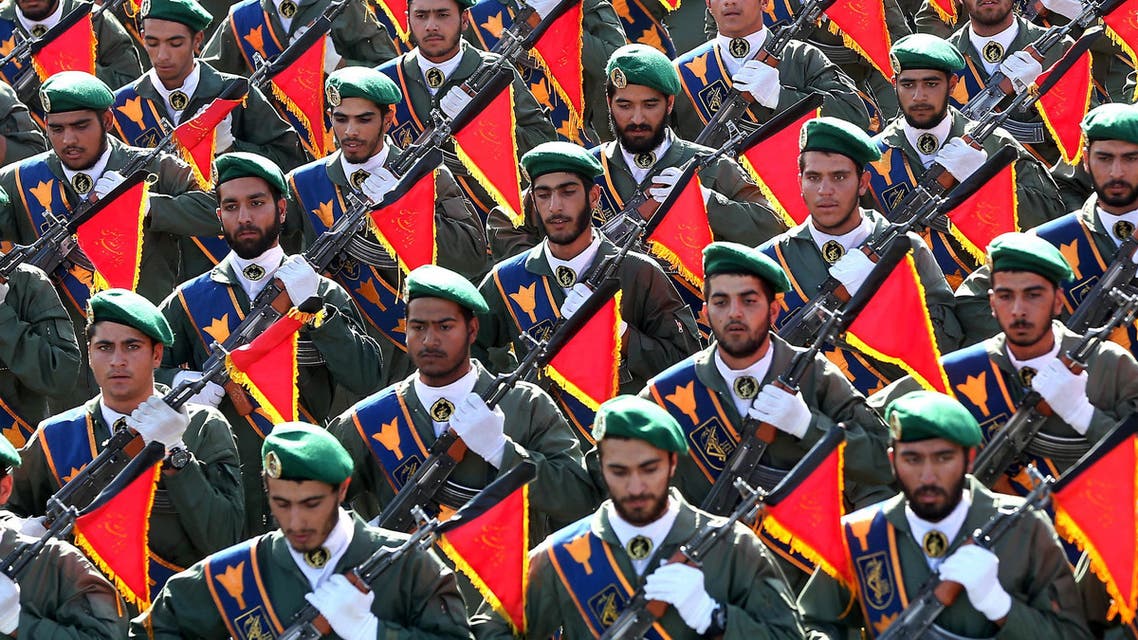 Iran's Revolutionary Guard troops march in a military parade marking the 36th anniversary of Iraq's 1980 invasion of Iran, in front of the shrine of late revolutionary founder Ayatollah Khomeini, just outside Tehran, Iran, Wednesday, Sept. 21, 2016. (AP)