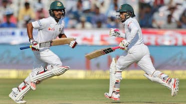 Bangladesh’s captain Mushfiqur Rahim (right), and Mehedi Hasan run between the wickets during the third day of the cricket test match against India in Hyderabad, India, on Saturday, Feb. 11, 2017. (AP) 