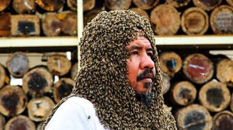 Saudi man aims to break bee bearding world record