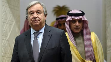 UN Secretary General Antonio Guterres (L) and Saudi Minister of Foreign Affairs, Adel al-Jubeir, arrive to hold a joint press conference in the Saudi capital Riyadh (Photo: AFP/Fayez Nureldine)