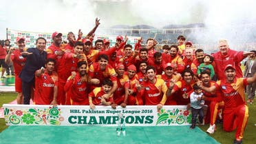 Players from the Islamabad United team celebrate winning the final of the Pakistan Super League against Quetta Gladiators at the Dubai cricket stadium on February 23, 2016. (File photo: AFP)