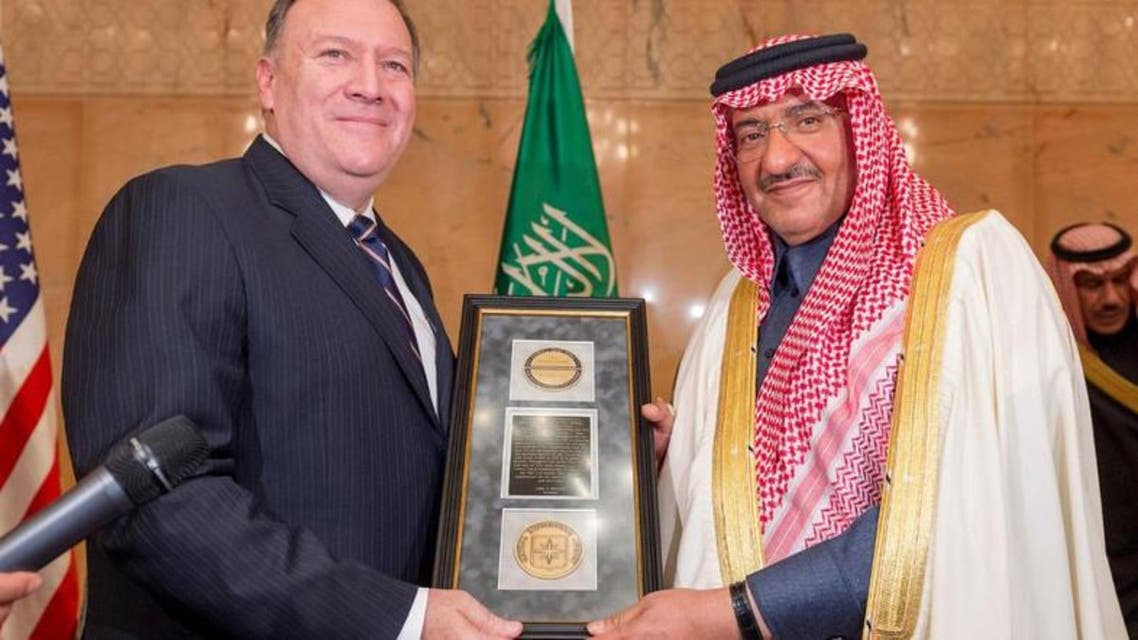 The medal, named after George Tenet, was handed to him by CIA Director Micheal Pompeo after the Crown Prince received him in Riyadh. (SPA)