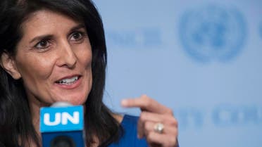 Nikki Haley speaks to reporters after a Security Council meeting on the situation in the Middle East, Thursday, Feb. 16, 2017 at UN headquarters. (AP)