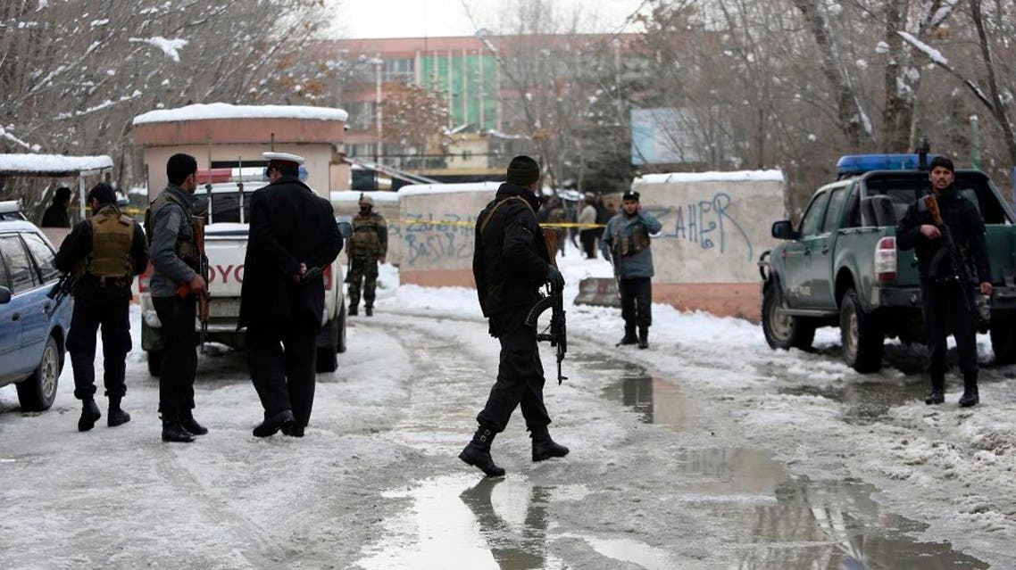 Security personnel stand guard at the site of a suicide attack on the Supreme Court in Kabul, Afghanistan, Tuesday, Feb. 7, 2017. (AP)