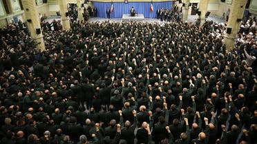A handout picture released on September 18, 2016 by the official website of the Centre for Preserving and Publishing the Works of Iran’s supreme leader Ayatollah Ali Khamenei shows him (C) addressing the commanders of Revolutionary Guards during a meeting in Tehran. (AFP)
