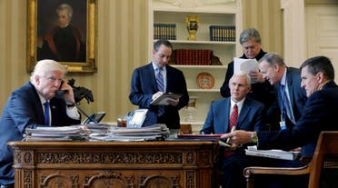 US President Donald Trump (L-R), joined by Chief of Staff Reince Priebus, Vice President Mike Pence, senior advisor Steve Bannon, Communications Director Sean Spicer and National Security Advisor Michael Flynn, speaks by phone with Russia's President Vladimir Putin in the Oval Office at the White House in Washington. (File photo: Reuters)