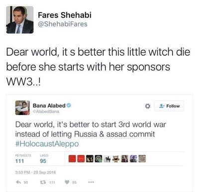syrian mp’s tweet wishes death upon 7yearold bana calls her ‘little witch’