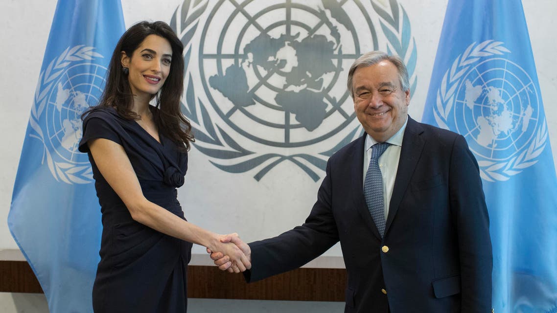 Human rights lawyer Amal Clooney, left, meets with United Nations Secretary-General Antonio Guterres, Friday, March 10, 2017, at United Nations headquarters. (AP Photo/Mary Altaffer)