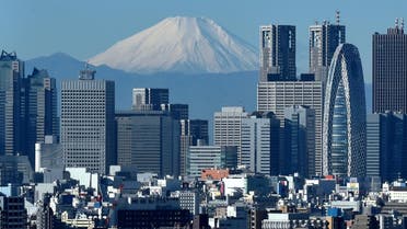 Japan's highest mountain, Mount Fuji (C) is seen behind the skyline of the Shinjuku area of Tokyo on December 6, 2014. Tokyo stocks closed at a seven-year high on December 5 -- extending their winning streak for a sixth straight day -- as a falling yen and oil prices continue to boost investor spirit. AFP