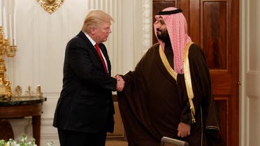 President Donald Trump shakes hands with Saudi Defense Minister and Deputy Crown Prince Mohammed bin Salman, Tuesday, March 14, 2017, in the State Dining Room of the White House in Washington. (AP)