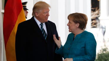 President Donald Trump greets German Chancellor Angela Merkel outside the West Wing of the White House in Washington, Friday, March 17, 2017. (AP)