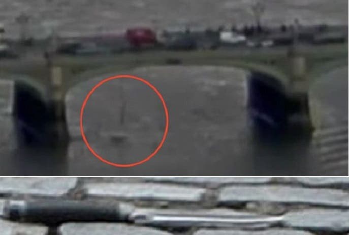 صورة من الفيديو للملقية بنفسها إلى النهر، وثانية للسكين التي طعن بها الشرطي الذي ترك أرملة وابنين