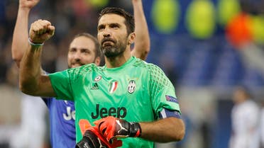 Juventus goalkeeper Gianluigi Buffon clenches his fist after the Champions League Group H soccer match against Lyon, Tuesday Oct. 18, 2016, in Lyon, central France. Juventus won 1-0. (AP)