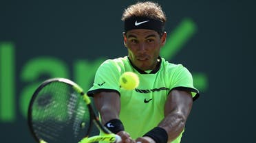 Rafael Nadal of Spain in action in his match against Nicolas Mahut of France at Crandon Park Tennis Center on March 28, 2017 (AP)