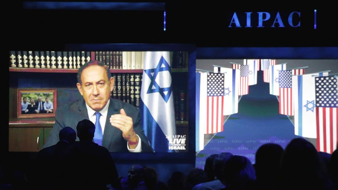 Benjamin Netanyahu speaks via a video link from Israel to the American Israel Public Affairs Committee (AIPAC) policy conference in Washington. (REUTERS)
