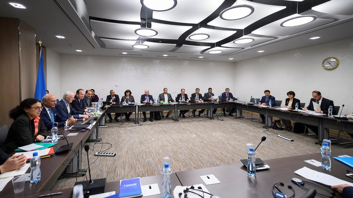 General view of a meeting with Syria's main opposition High Negotiations Committee (HNC) delegation and UN Special Envoy for Syria during Syria peace talks in Geneva, Switzerland March 29, 2017. REUTERS/Fabrice Coffrini/Pool