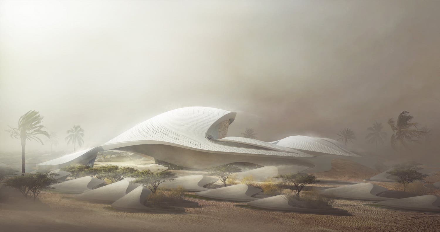 Fully powered by renewable energy, Beeah’s new headquarters stands out in its optimum use of resources, while becoming one with the magnificent desert, through the fluidity of its composition. (Beea'h)