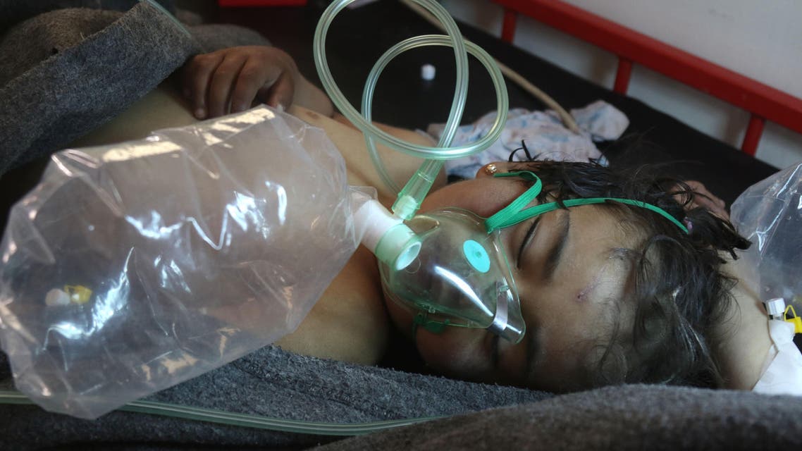 A Syrian child receives treatment at a small hospital in the town of Maaret al-Noman following a suspected toxic gas attack in Khan Sheikhun, a nearby rebel-held town in Syria’s northwestern Idlib province, on April 4, 2017. afp