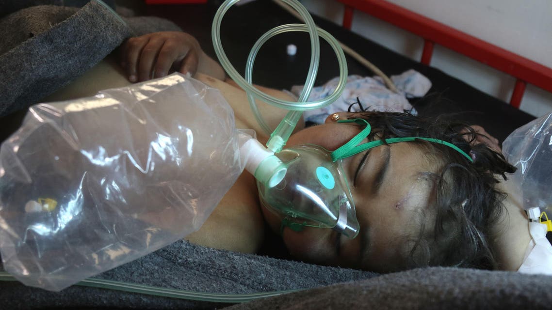 A Syrian child receives treatment at a small hospital in the town of Maaret al-Noman following a suspected toxic gas attack in Khan Sheikhun, a nearby rebel-held town in Syria’s northwestern Idlib province, on April 4, 2017. AFP