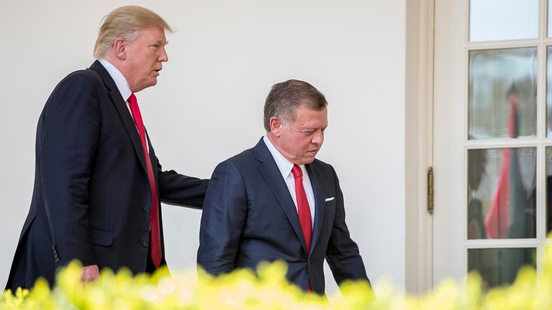 President Donald Trump and Jordan's King Abdullah II walk through the colonnade after holding a news conference in the Rose Garden at the White House, Wednesday, April 5, 2017, in Washington. (AP)