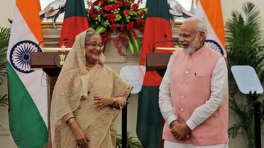 Indian Prime Minister Narendra Modi and his Bangladeshi counterpart Sheikh Hasina share a laugh after a signing of agreements in New Delhi, India, Saturday, April 8, 2017. (AP)