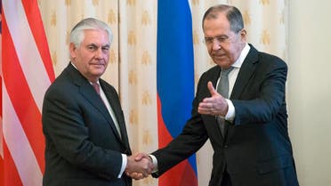 US Secretary of State Rex Tillerson and Russian Foreign Minister Sergey Lavrov, shakes hands prior to their talks in Moscow, Russia, Wednesday, April 12, 2017. Tillerson's Moscow talks hinge on new US leverage over Syria. (AP)
