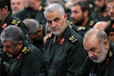 In this Sept. 18, 2016 photo Revolutionary Guard Gen. Qassem Soleimani, center, attends a meeting with Supreme Leader Ayatollah Ali Khamenei and Revolutionary Guard commanders in Tehran, Iran. (AP)