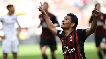 AC Milan's forward from Colombia Carlos Bacca celebrates after scoring during the Italian Serie A football match AC Milan vs Palermo on April 9, 2017 at the San Siro stadium in Milan. (AFP)