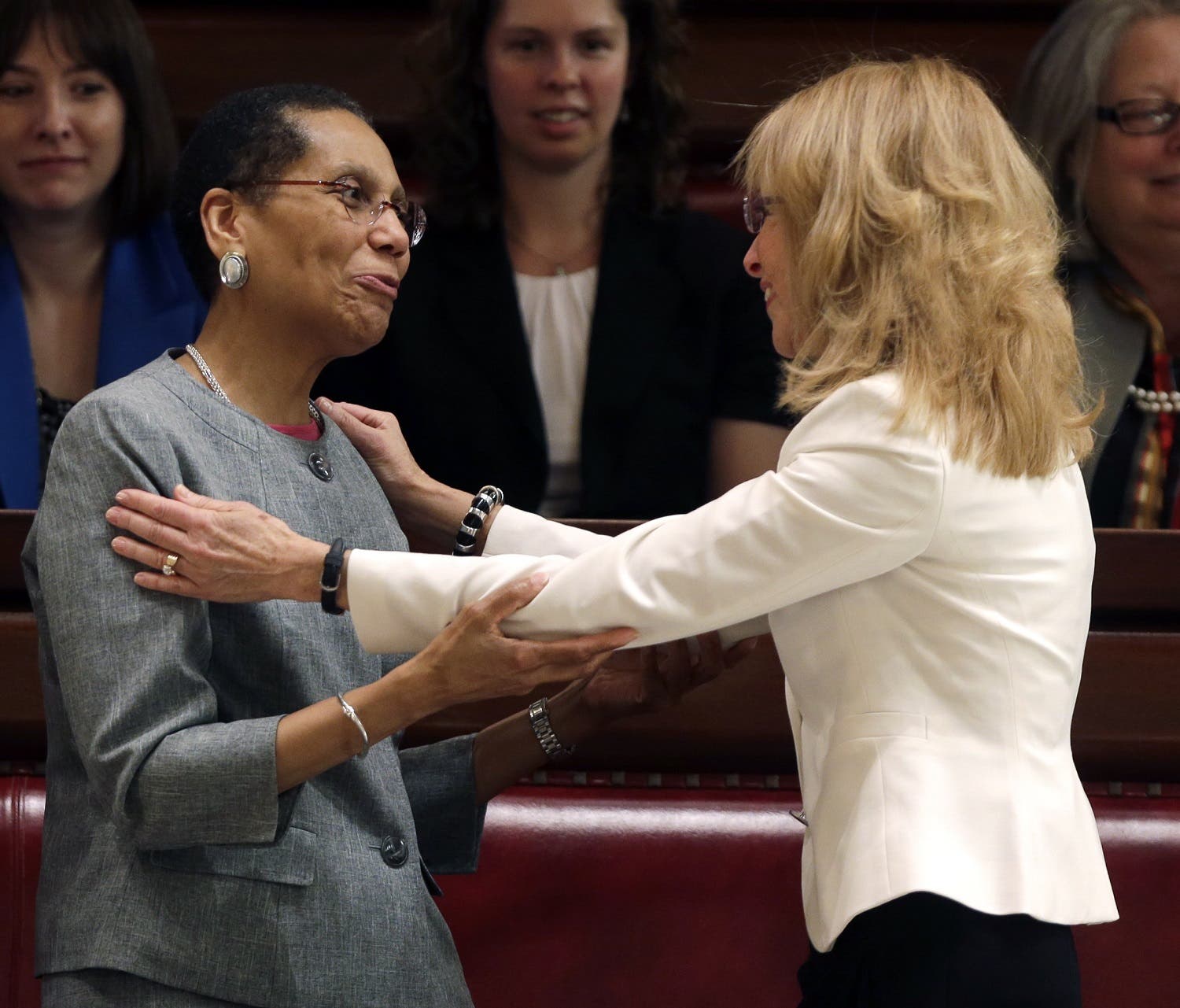 Justice Sheila Abdus-Salaam, left, is congratulated after being confirmed to serve on the New York State Court of Appeals by friend and Albany City Court Judge Rachel Kretser, on May 6, 2013, in Albany, N.Y. (AP)