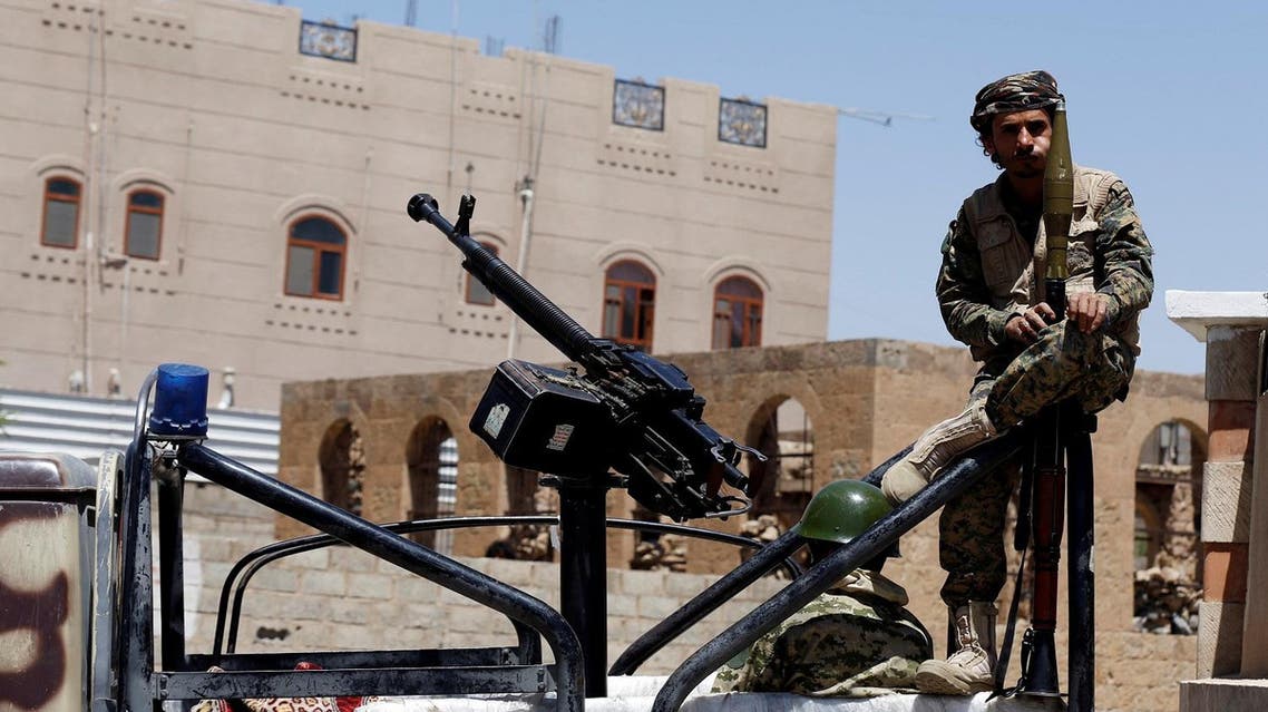 A Houthi fighter sits on the back of a patrol truck securing the vicinity of a funeral of Abdullah al-Moayad, a senior Houthi media official, who was killed by a recent Saudi-led air strike, during his funeral in Sanaa, Yemen April 11, 2017. (Reuters)