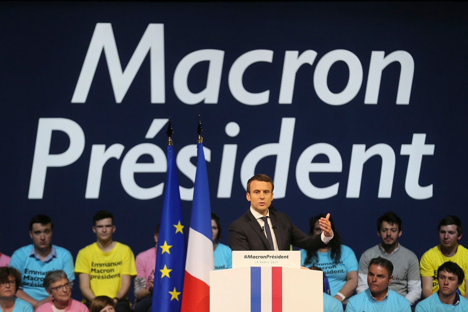 Emmanuel Macron delivers his speech during a meeting in Nantes, western France, on April 19, 2017. (AP)