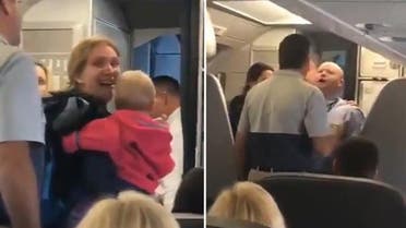 The viral video, filmed by another passenger, shows a distraught mother carrying her baby boarding the plane. (Screengrab)