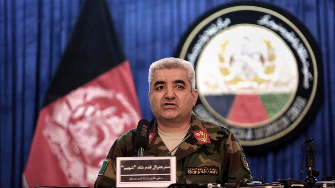 In this Feb. 18, 2017 photo, Afghan Army Chief of Staff, General Qadam Shah Shahim, speaks during a news conference in Kabul, Afghanistan. Afghan officials said the country's army chief and the defense minister have resigned following the weekend Taliban attack at a northern army base that killed more than 100 military and other personnel. The officials said that President Ashraf Ghani accepted the resignations on Monday, April 24, 2017. (AP Photo/Rahmat Gul)
