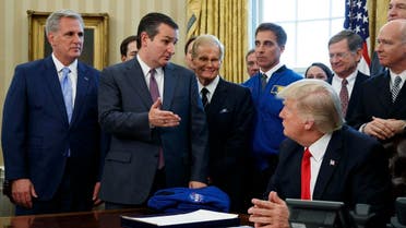 Sen. Ted Cruz, R-Texas, accompanied by, from left, House Majority Leader Kevin McCarthy of Calif., Sen. Marco Rubio, R-Fla., and Sen. Bill Nelson, D-Fla. speaks in the Oval Office of the White House in Washington, Tuesday, March 21, 2017, during a bill signing by the president to increase NASA's budget to $19.5 billion and directs the agency to focus human exploration of deep space and Mars. (AP Photo/Evan Vucci)