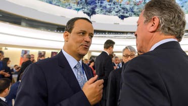 UN special envoy to Yemen, Ismail Ould Cheikh Ahmed (L) meets delegates prior to the opening of a high-level conference to raise funds for war-ravaged Yemen on April 25, 2017 at the Unites Nations Office in Geneva. AFP