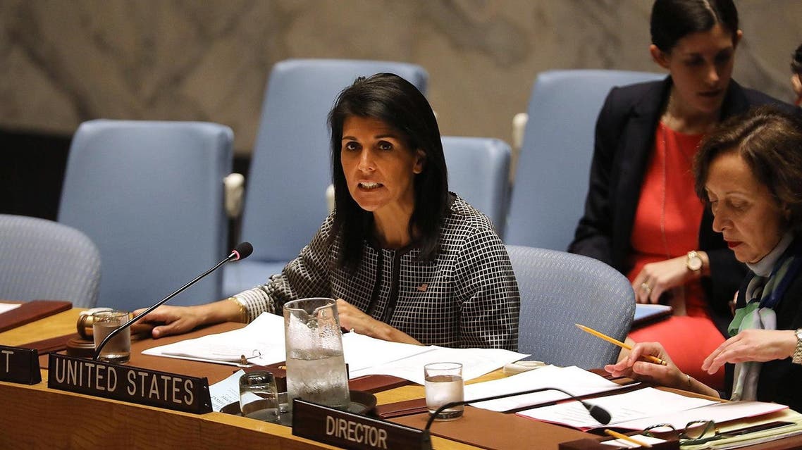 NEW YORK, NY - APRIL 12: U.S. Ambassador to the United Nations Nikki Haley attends a United Nations (UN) Security Council meeting on the situation in the Middle East where the ongoing conflict in Syria was discussed on April 12, 2017 in New York City. It is expected that the Security Council will vote later on Wednesday on a draft resolution demanding that the Syrian government cooperate with an investigation of the suspected chemical attack last week. Spencer Platt/Getty Images/AFP