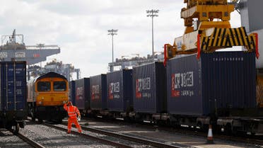 The first UK to China export train, laden with containers of British goods is seen during the official ceremony to mark its departure from the DP World London Gateway, Stanford-le-Hope, on April 10, 2017. (Reuters)