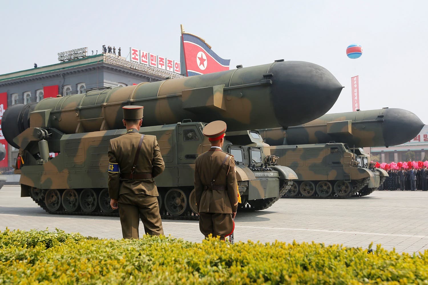 Missiles are driven past the stand with North Korean leader Kim Jong Un and other high ranking officials during a military parade marking the 105th birth anniversary of North Korea's founding father, Kim Il Sung, in Pyongyang, April 15, 2017. (Reuters)