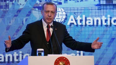 Turkish President Recep Tayyip Erdogan gestures as he gives a speech on April 28, 2017 during the Atlantic Council summit in Istanbul. (AFP)
