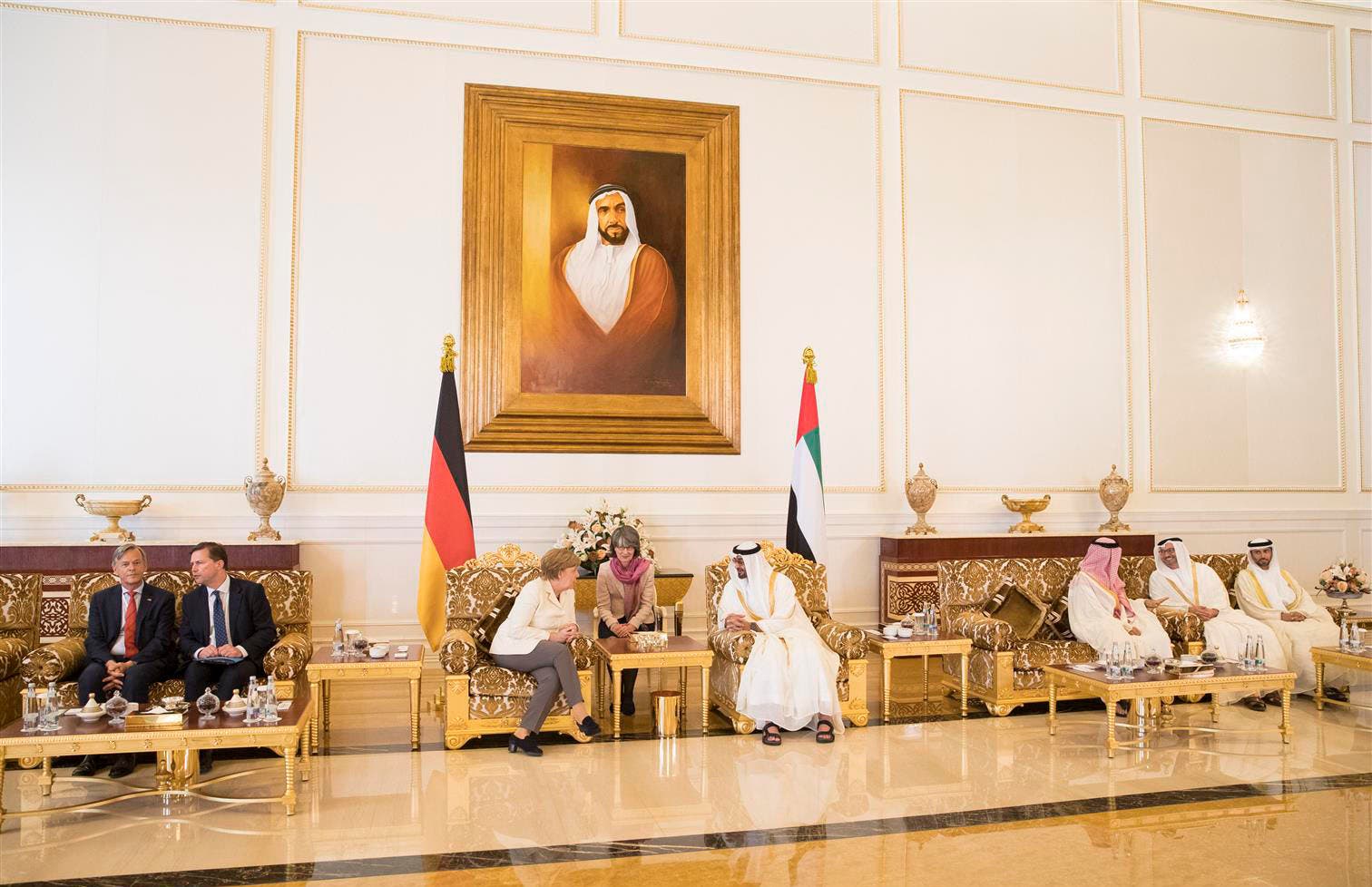 His Highness Sheikh Mohamed bin Zayed Al Nahyan, Crown Prince of Abu Dhabi meets with Angela Merkel, Chancellor of the Federal Republic of Germany, on Monday. (Photo Courtesy: WAM)