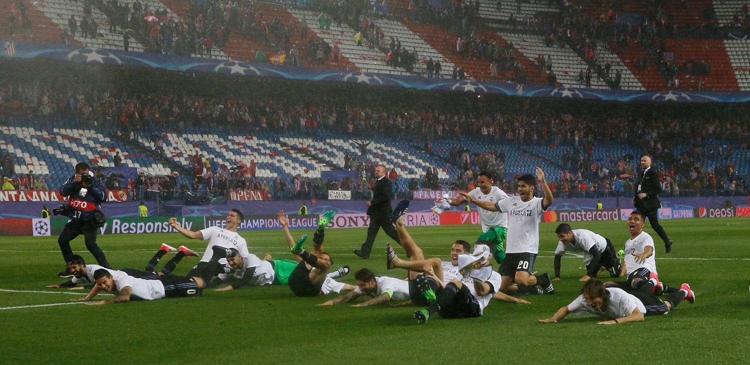 Football Soccer - Atletico Madrid v Real Madrid - UEFA Champions League Semi Final Second Leg - Vicente Calderon Stadium, Madrid, Spain - 10/5/17 Real Madrid celebrate after the match. (Reuters)