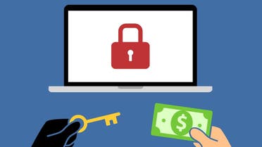 Locked computer ransomware with hands holding money and key flat vector illustration. (Shutterstock)
