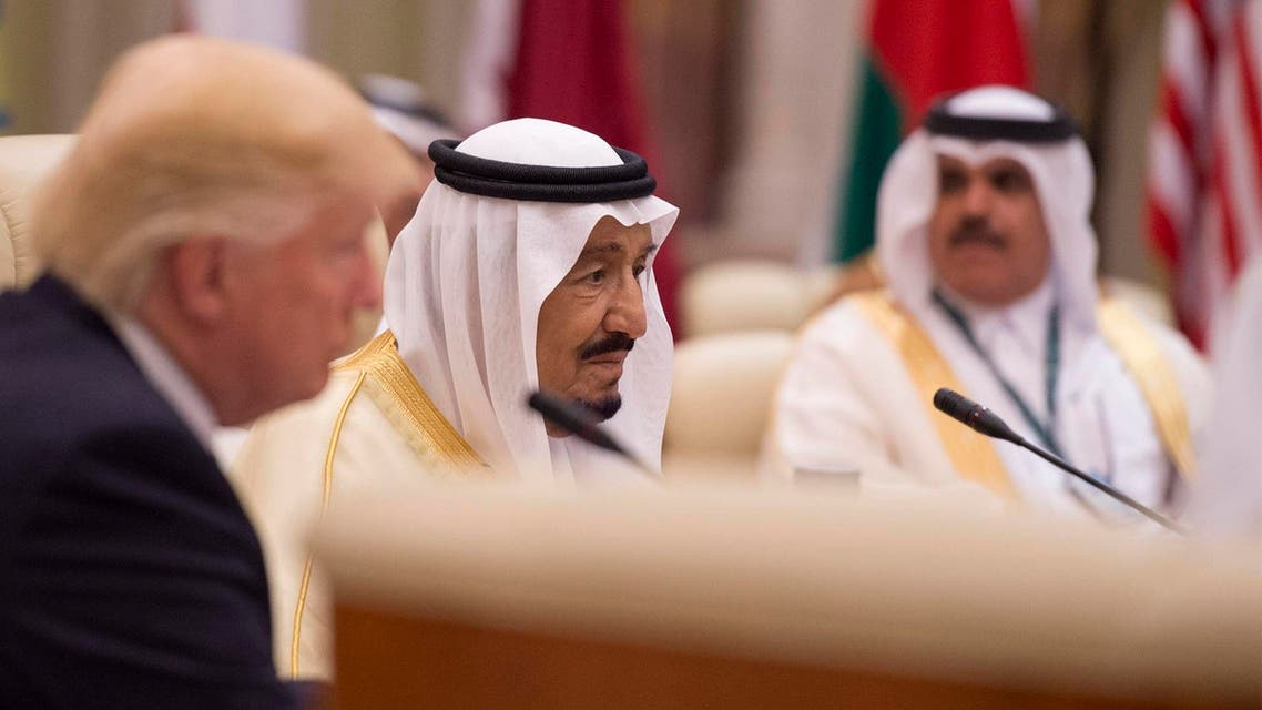 A handout picture provided by the Saudi Royal Palace on May 21, 2017, shows Saudi's King Salman bin Abdulaziz al-Saud attending a meeting with leaders of the Gulf Cooperation Council and the US president at the King Abdulaziz Conference Center in Riyadh.